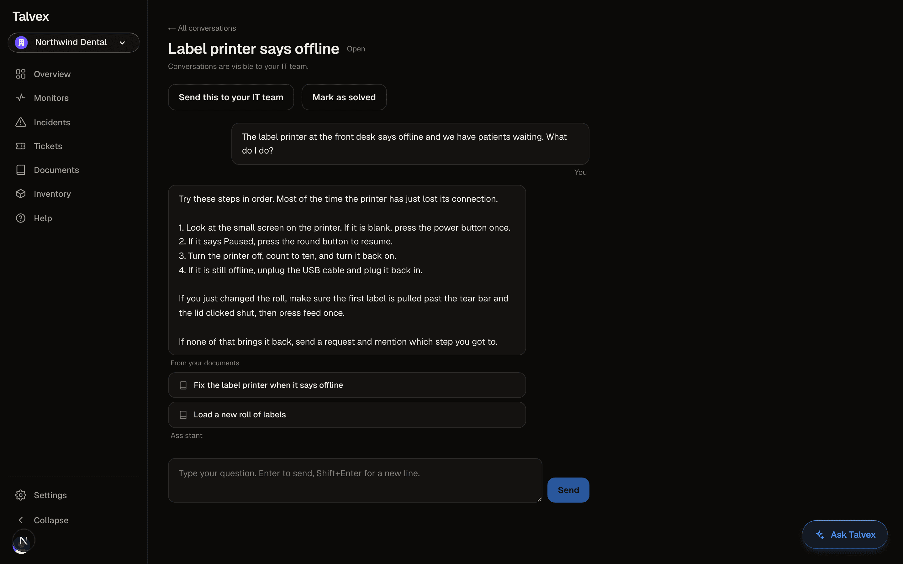 A Talvext chat answering a question about an offline label printer, with a From your documents section citing the two documents the answer came from