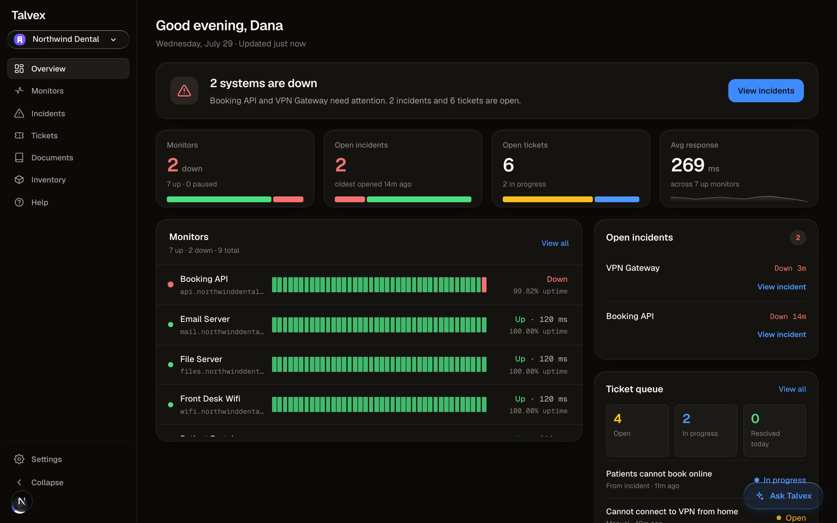 The Talvext overview: monitor status, open incidents and the ticket queue on one screen, with the sidebar listing Monitors, Incidents, Tickets, Documents and Inventory