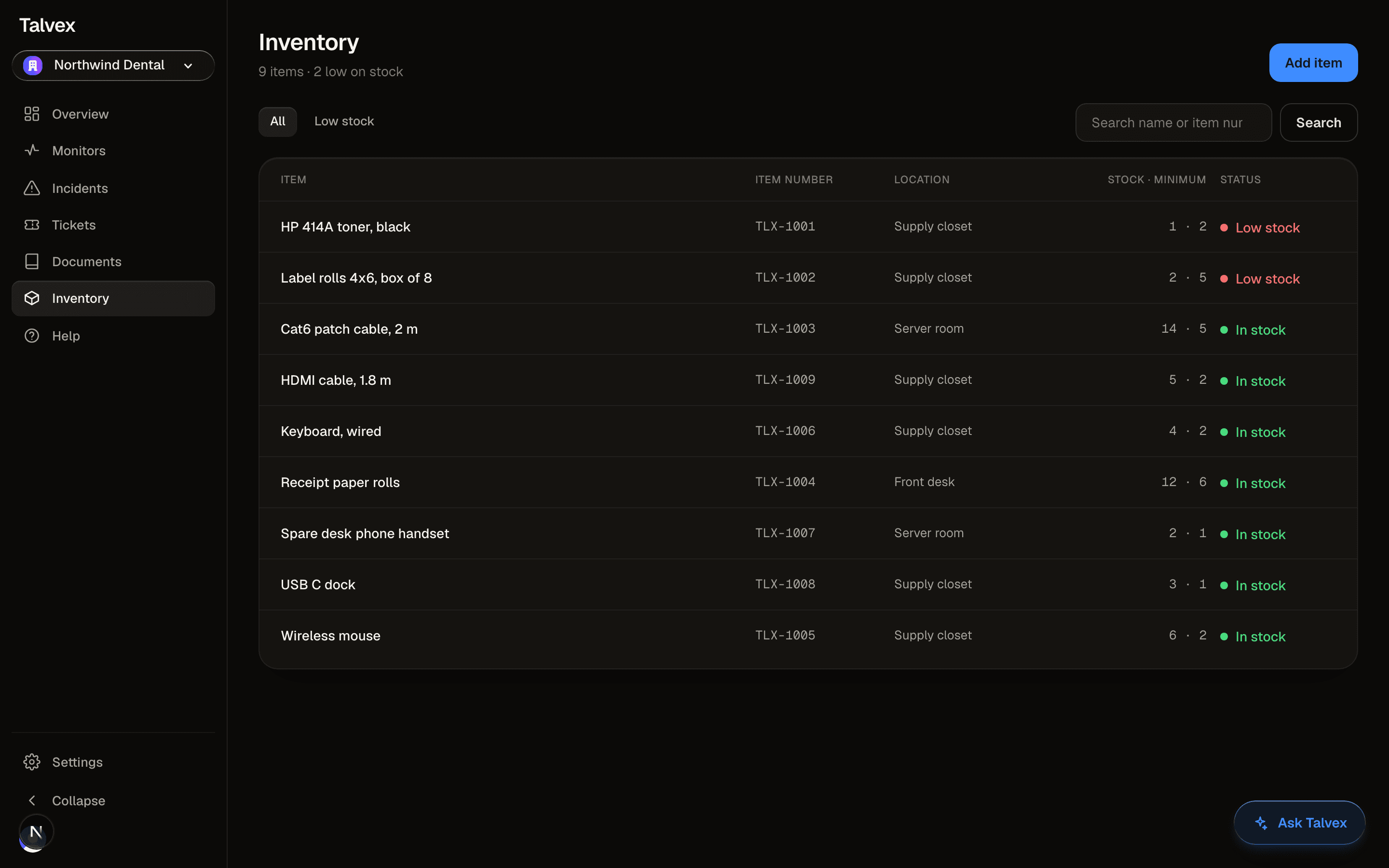The Talvext inventory list with quantities, locations and a red Low stock chip on items below their minimum